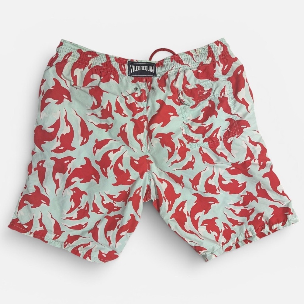 Vilebrequin Swim Trunks Mens 3XL Moorea Orca Whale Print Red Mint Green AOP